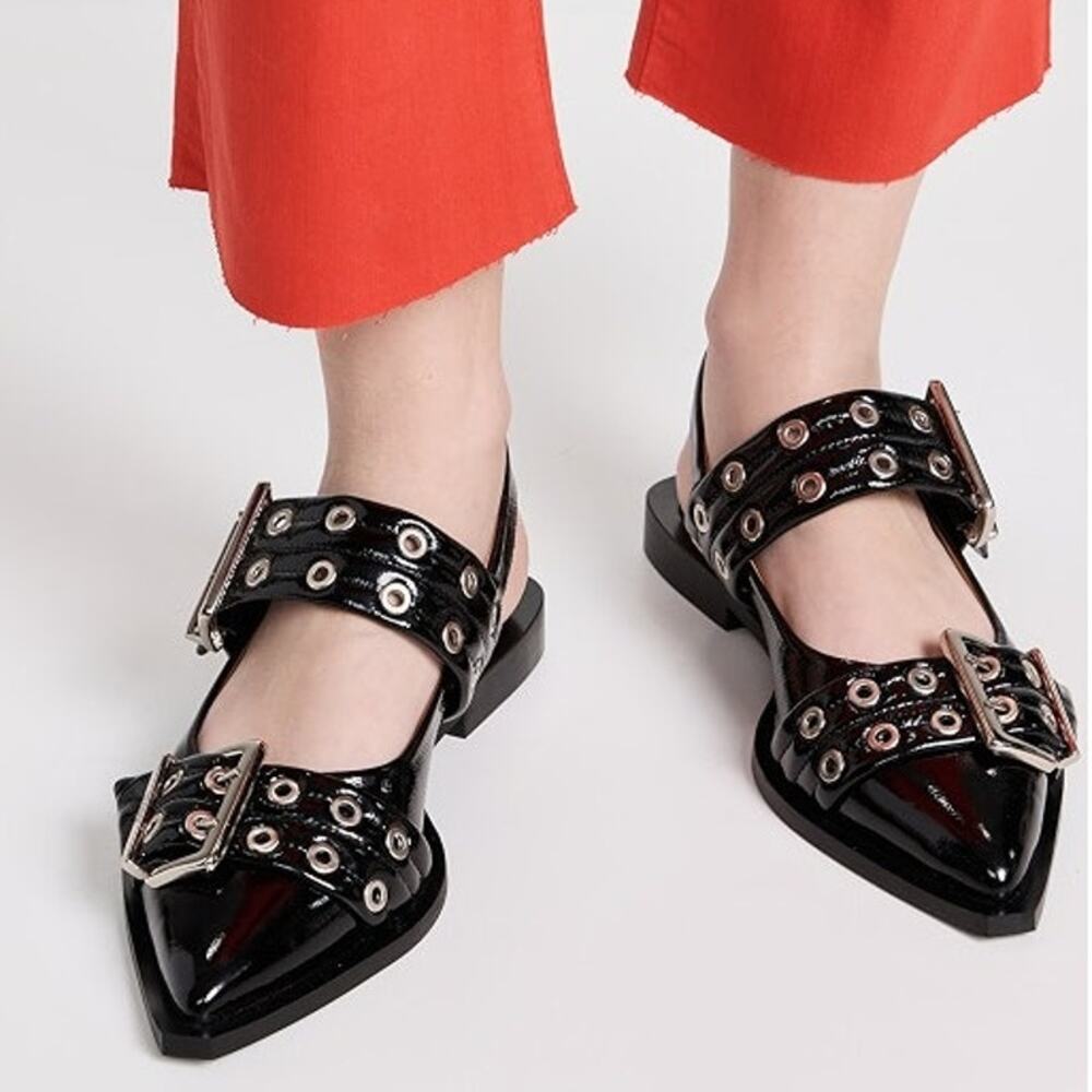 Black Patent Leather Buckle Slip On Pointed Toe Slingback Flat Shoes 39 / 8.5